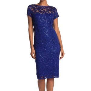 NEW Marina Sequin Lace Sheath Dress Cobalt 12